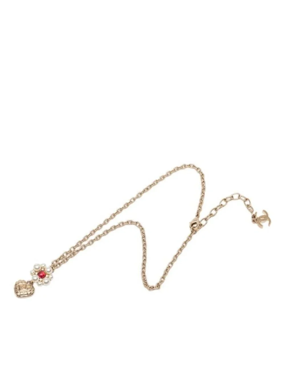 Chanel CC Logo Heart Flower Pendant Gold Plated Faux Pearl Stone